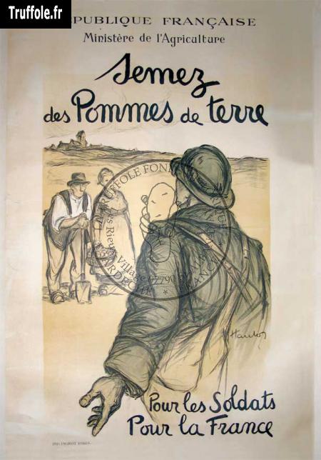 Affiche de guerre 14-18. thème bienfaisance et rôle stratégique de la pomme de terre